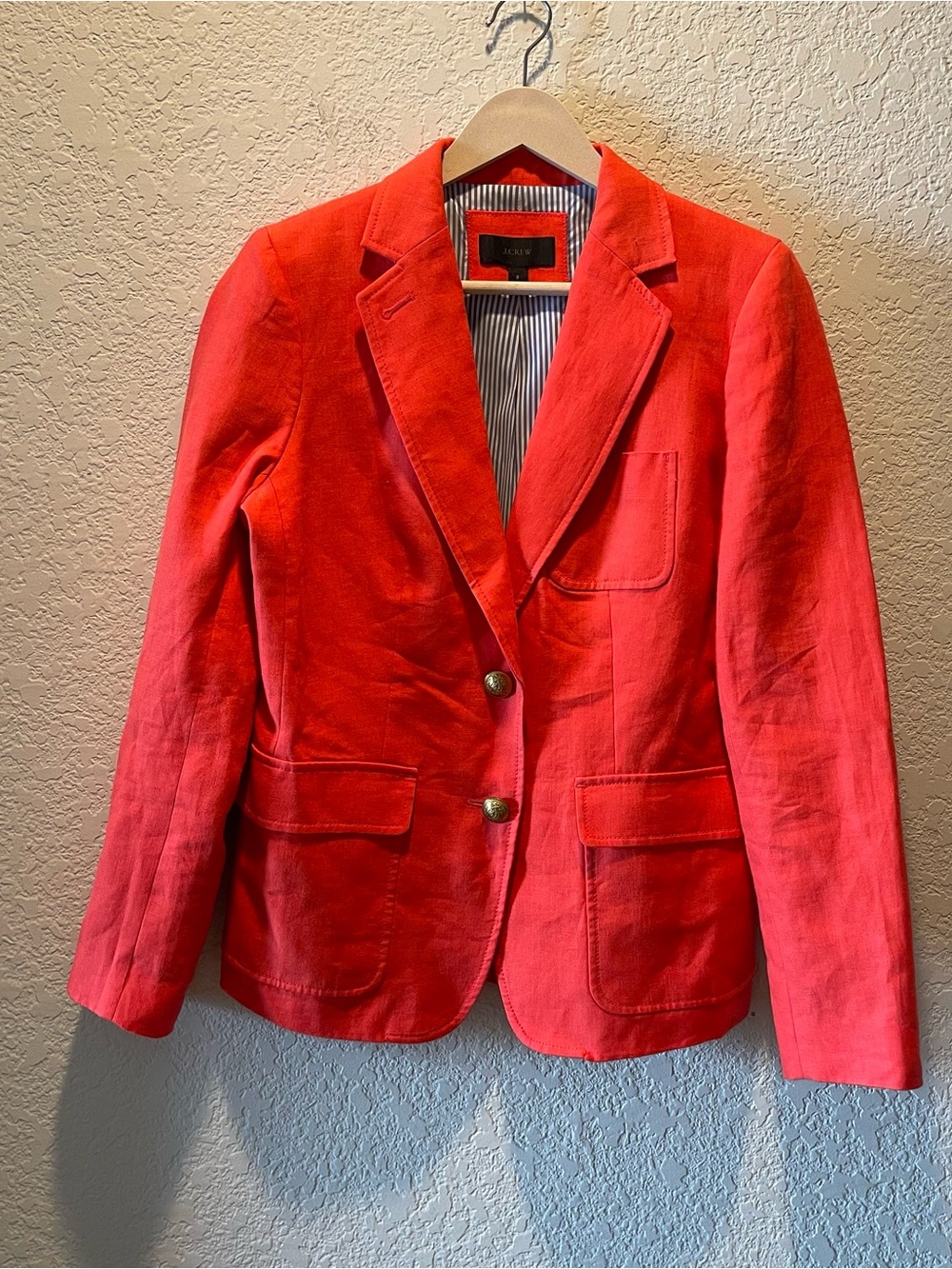 J Crew orange 100% linen striped lined 2 crested button closure blazer, size 8